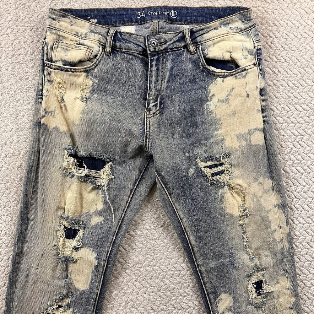 Crysp Denim Mens Jeans 34x34 Distressed Bleach Splatter Graffiti Moto Style Rock - Picture 3 of 15